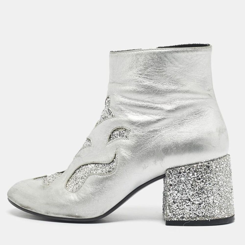 Maison Martin Margiela Silver Glitter And Leather Ankle Length Boots Size 39